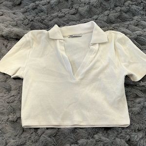 Zara white cropped v neck collared shirt